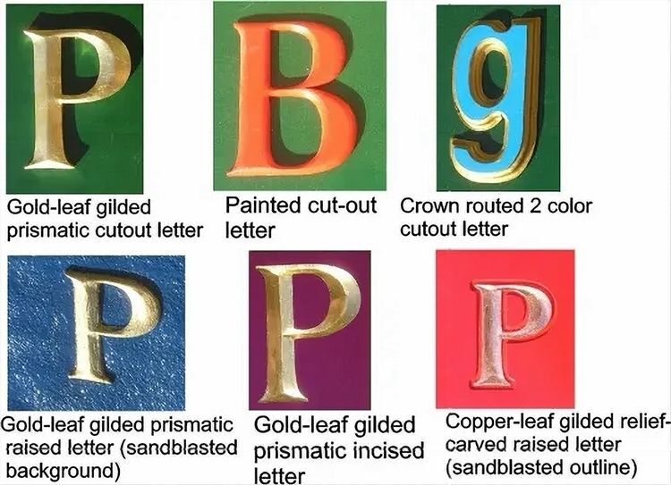MA3000  - Six Diffrent Styles of Letters Carved in 3-D Relief from High-Density-Urethane (HDU), and either Painted or Gilded with Gold or Copper Leaf