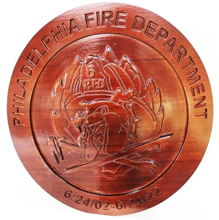 QP-3031 - Carved Mahogany Plaque of the Seal/Logo of  the Philadelphia Fire Department