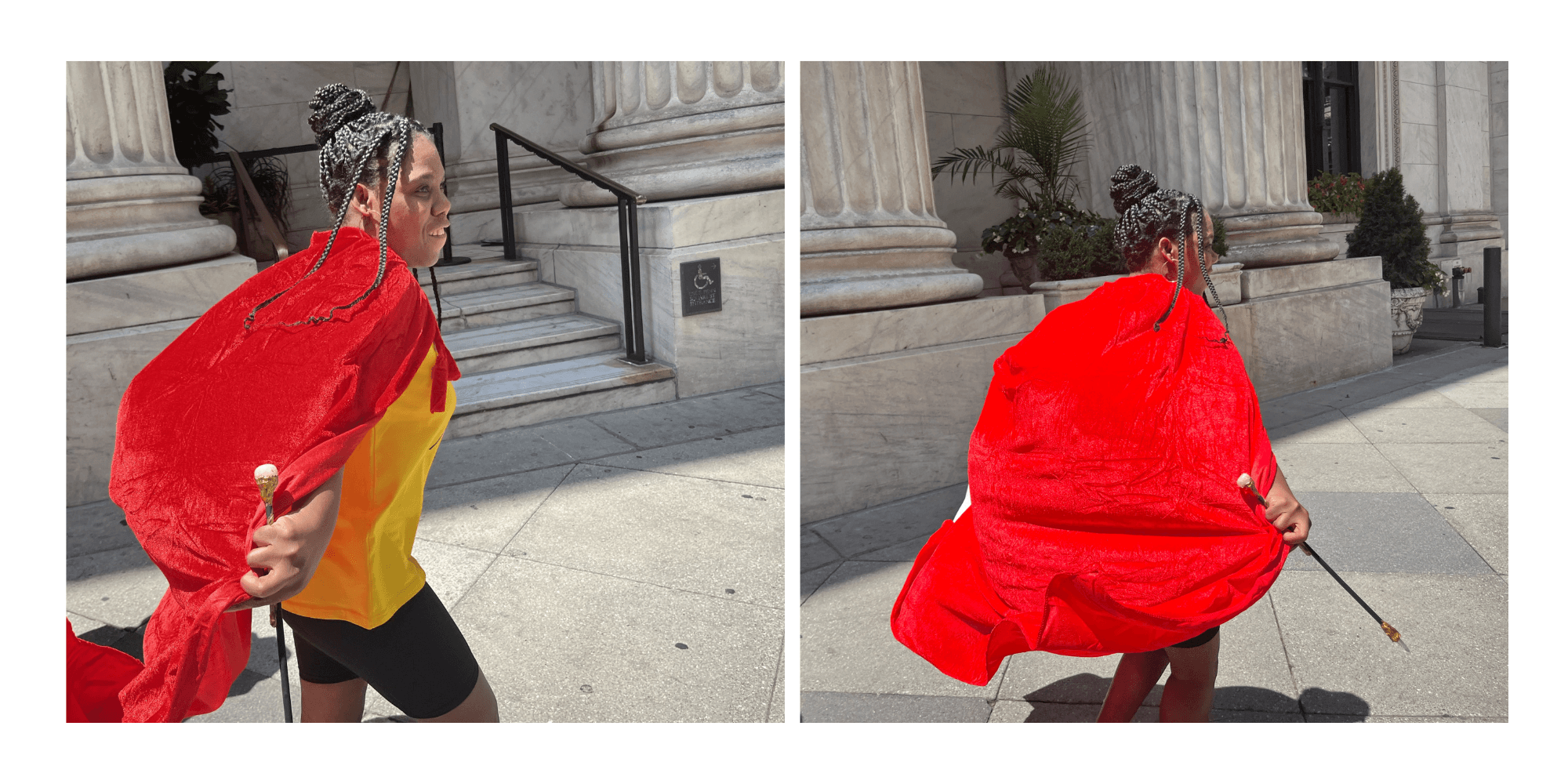 Sasha in a red cape running freely in Center City Philadelphia