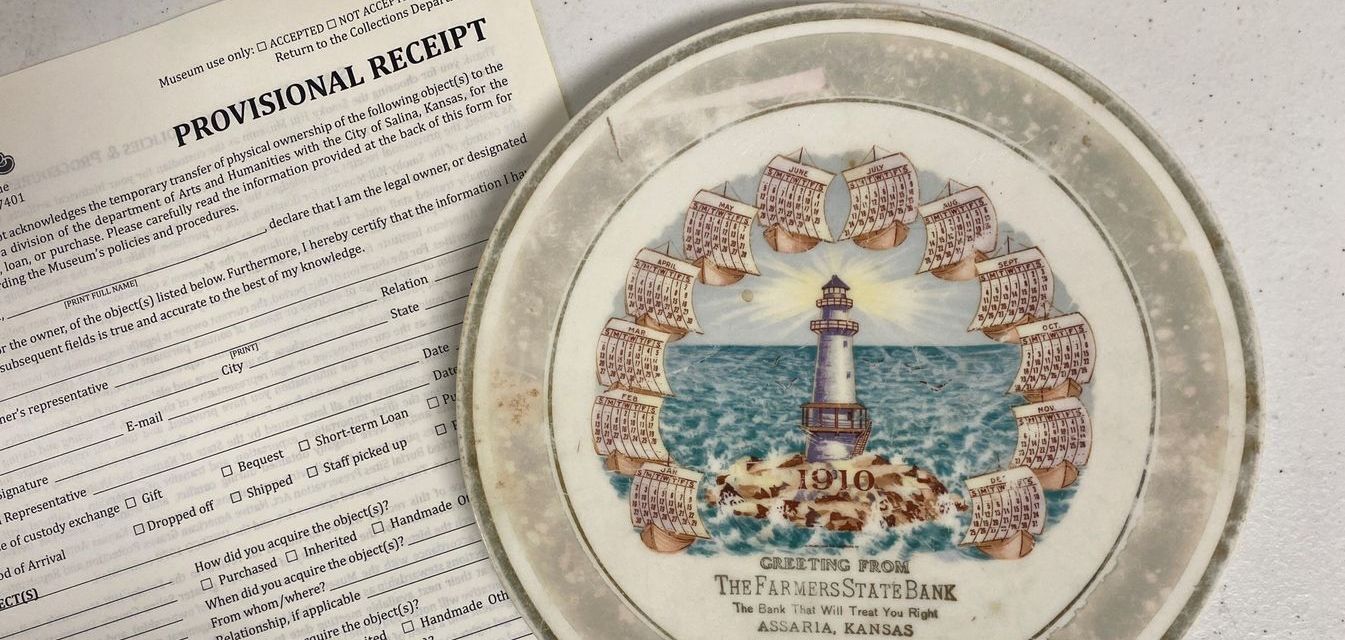 Provisional donationion form with a Farmers State Bank commemorative plate.