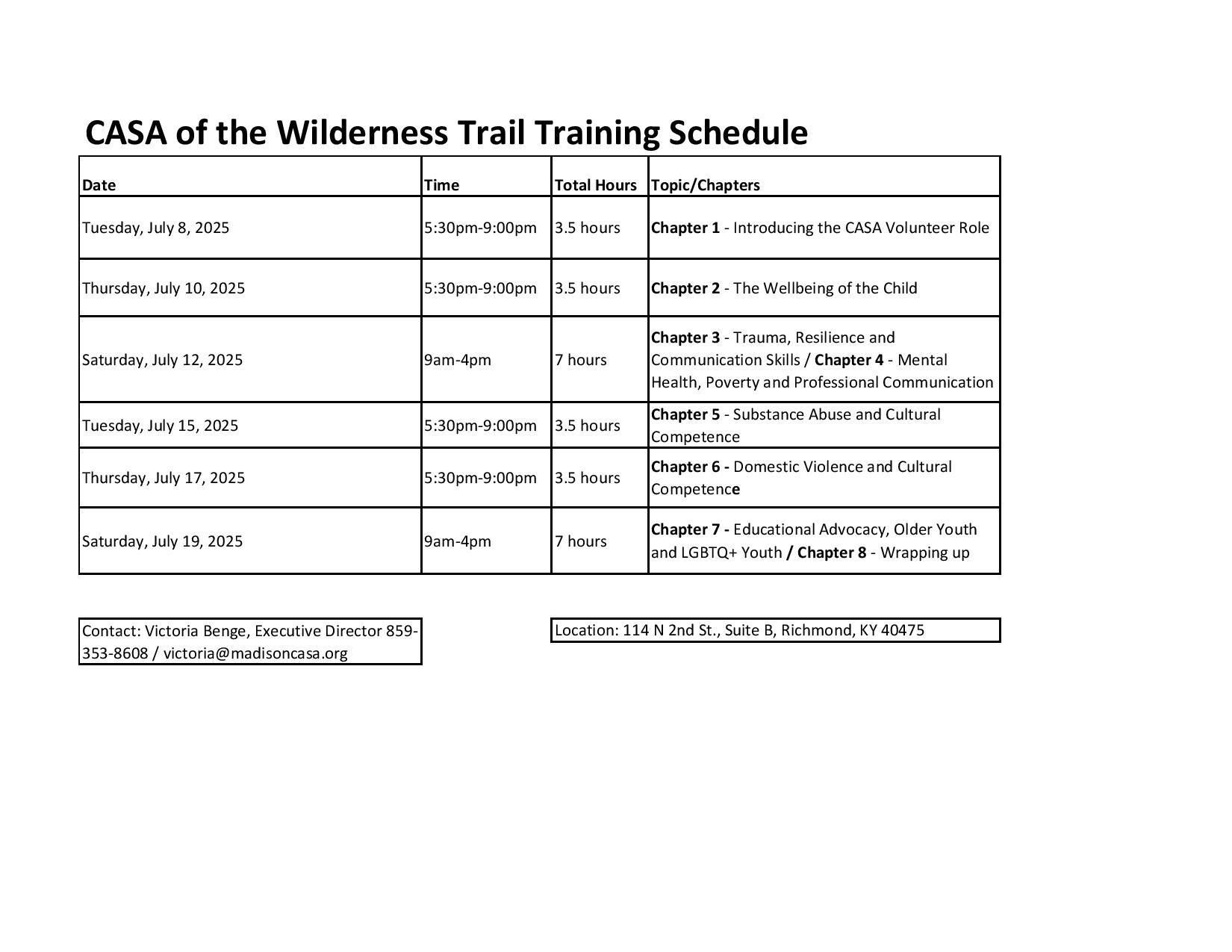 July 2025 Training Schedule