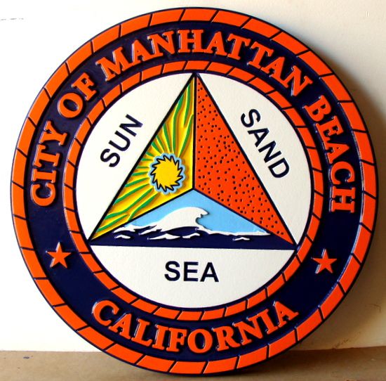 DP-1645 - Carved Plaque of the Seal of the City of Manhattan Beach, California,  Artist Painted