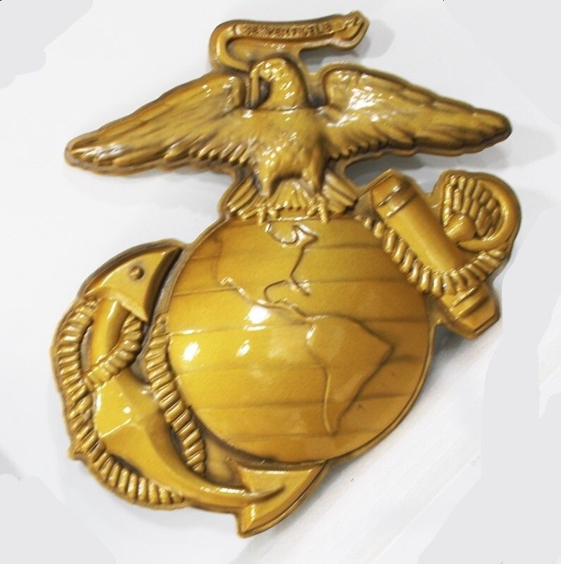 KP-1236 - Carved  Plaque of the Globe and Eagle Emblem of the US Marine Corps, 3-D Bas-Relief, Painted Metallic Brass
