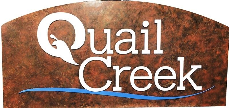 K20171 - Carved 2.5-D Multi-Level HDU   Entrance Sign for the "Quail Creek" Residential Community, with Background  .Airbrushe with Paint to look like Rusting Iron