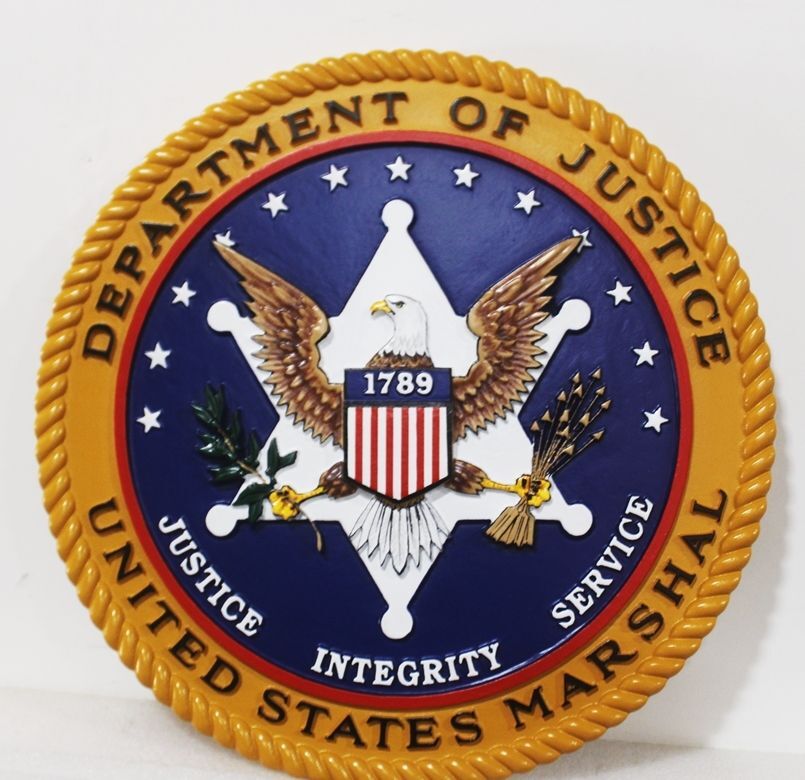 AP-2495 - Carved 3-D Bas-Relief Artist-Painted  HDU Plaque of the Seal of United States Marshal, Department of Justice