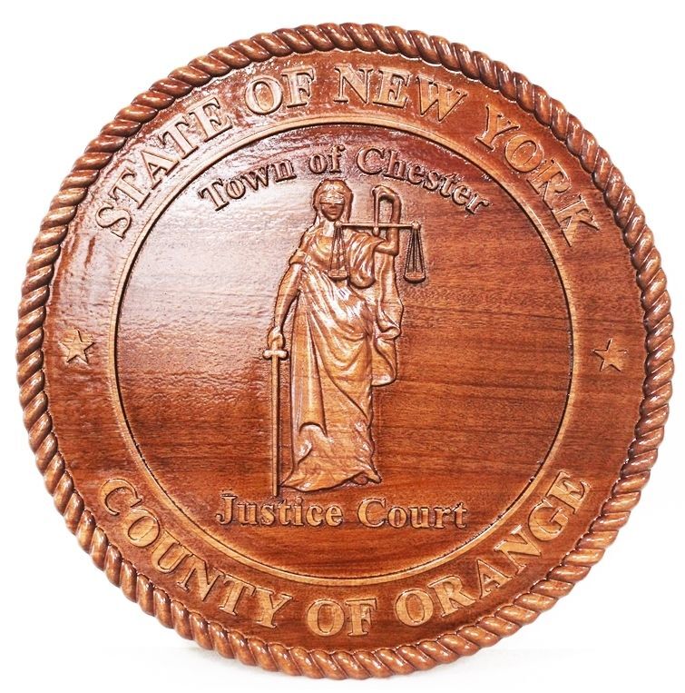HP-1046 - Carved 3-D Bas-Relief Mahogany Wood Plaque of the Seal of a Court in the Town of Chester, County of Orange, in the State of New York