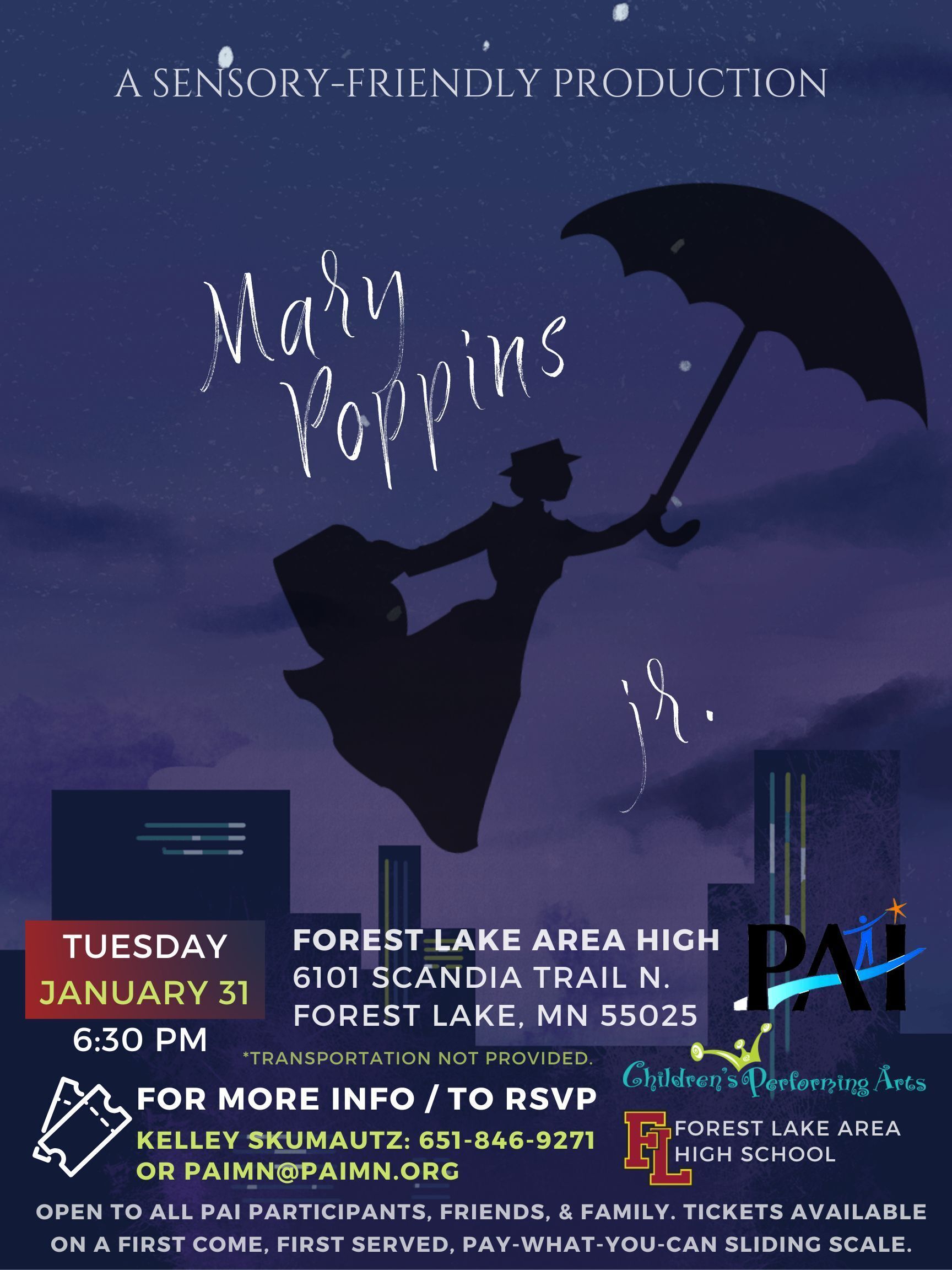 Flyer and event information for play performance of Mary Poppins Jr.