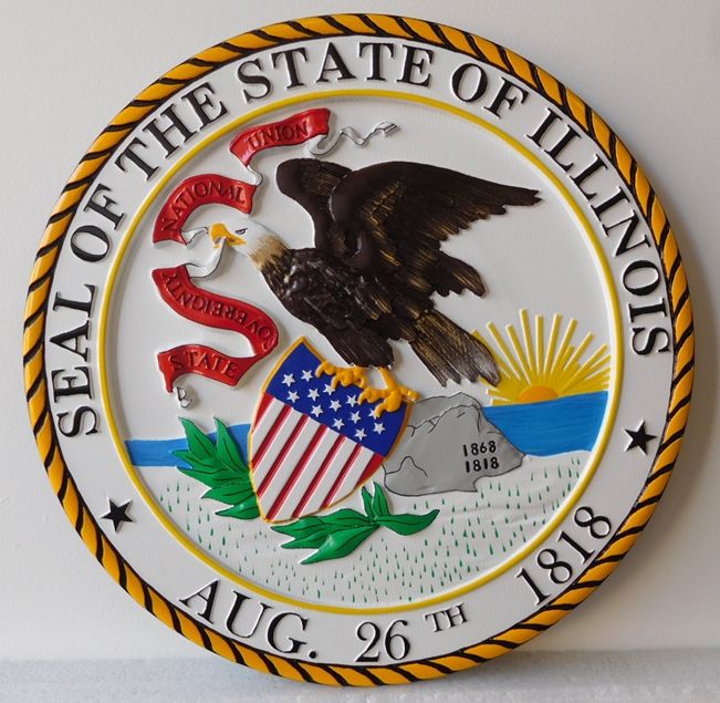 BP-1211 - Carved 3-D Bas-Relief Plaque of the Great Seal of the State of Illinois, 3-D Artist-Painted