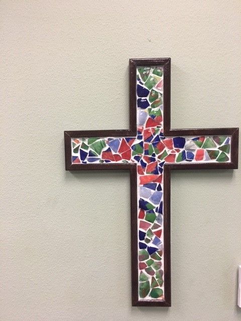 Hanging cross made from Empty Bowls 