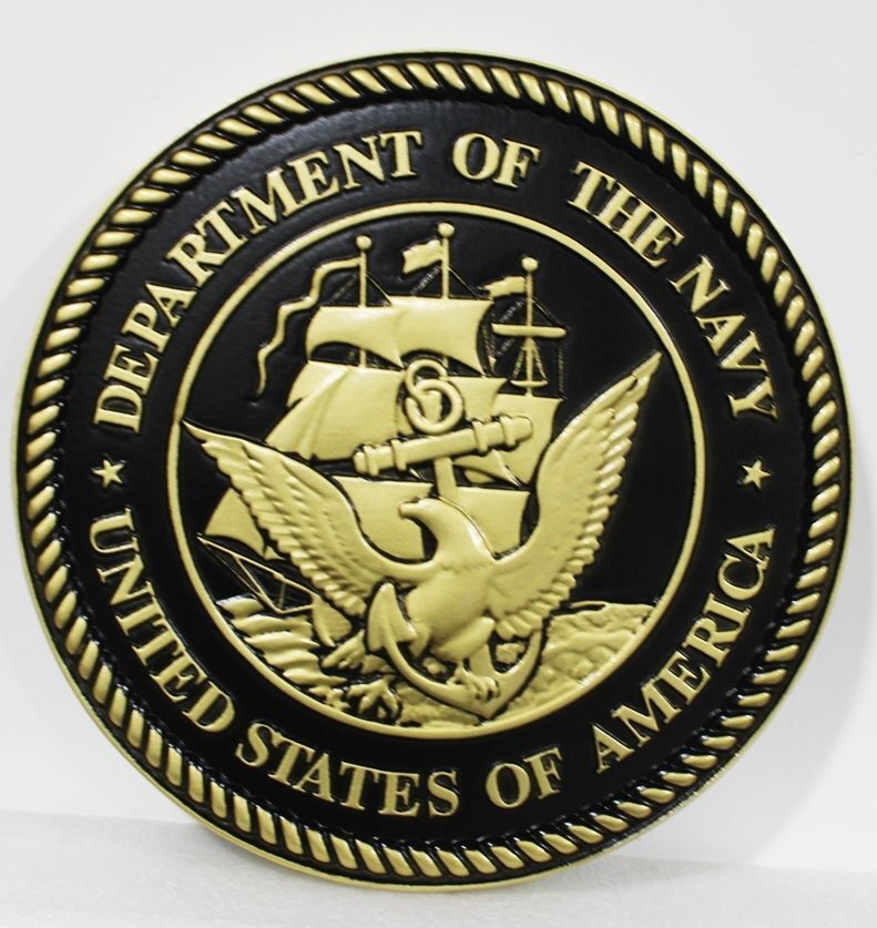 JP-1166 - Carved Plaque of the Great Seal of the US Navy, 3-D Painted Metallic Brass
