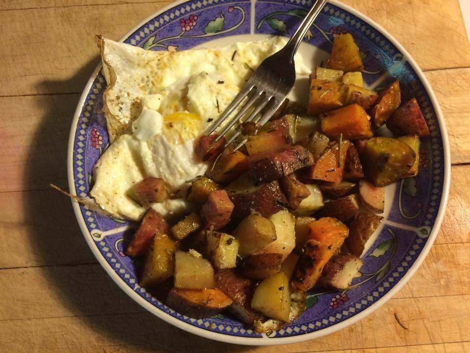 Roasted roots with over easy eggs