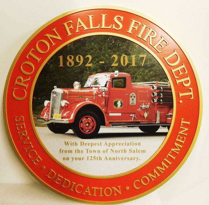 X33900 - High-Density-Urethane  Wall Plaque for the Croton Falls Fire Department, featuring a Photo of a Classic Heritage Fire Engine.