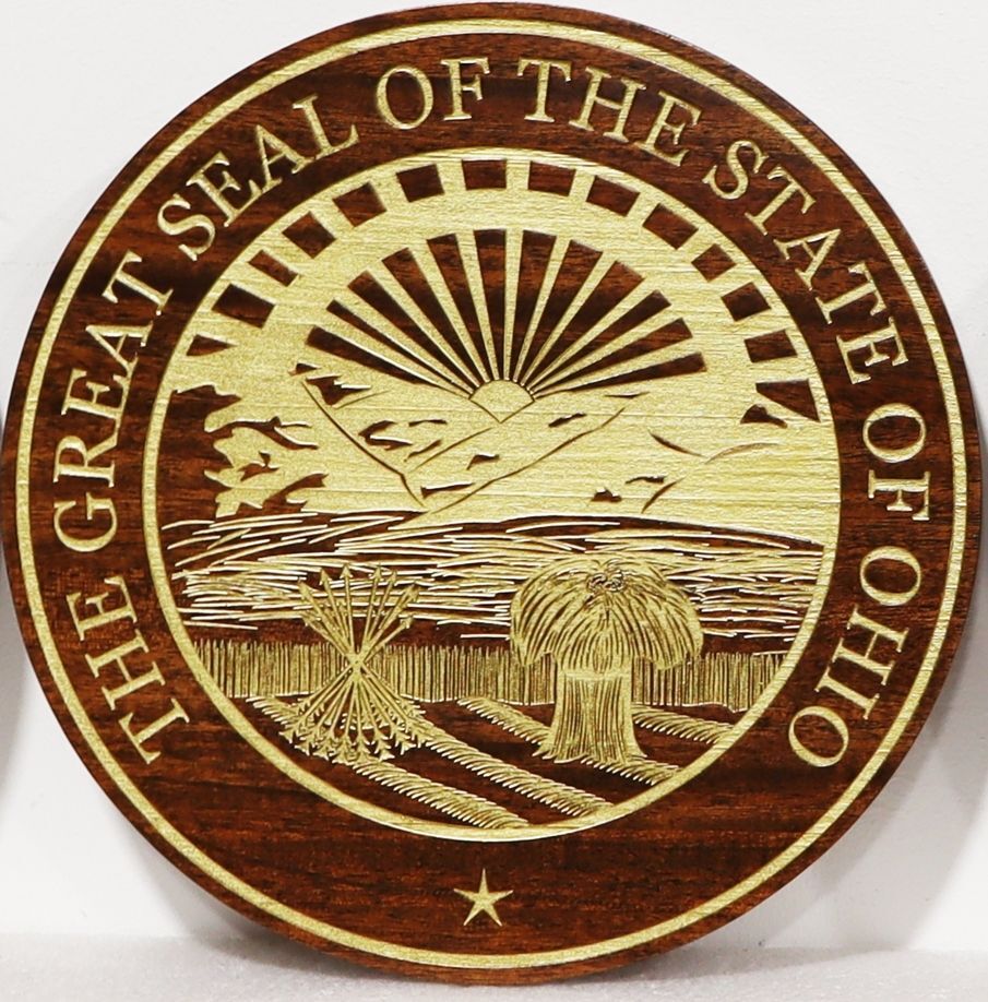 BP-1435A- Engraved  Mahogany Wood Plaque of the Great Seal of the State of Ohio, with Light Brass Painted Engraved Areas