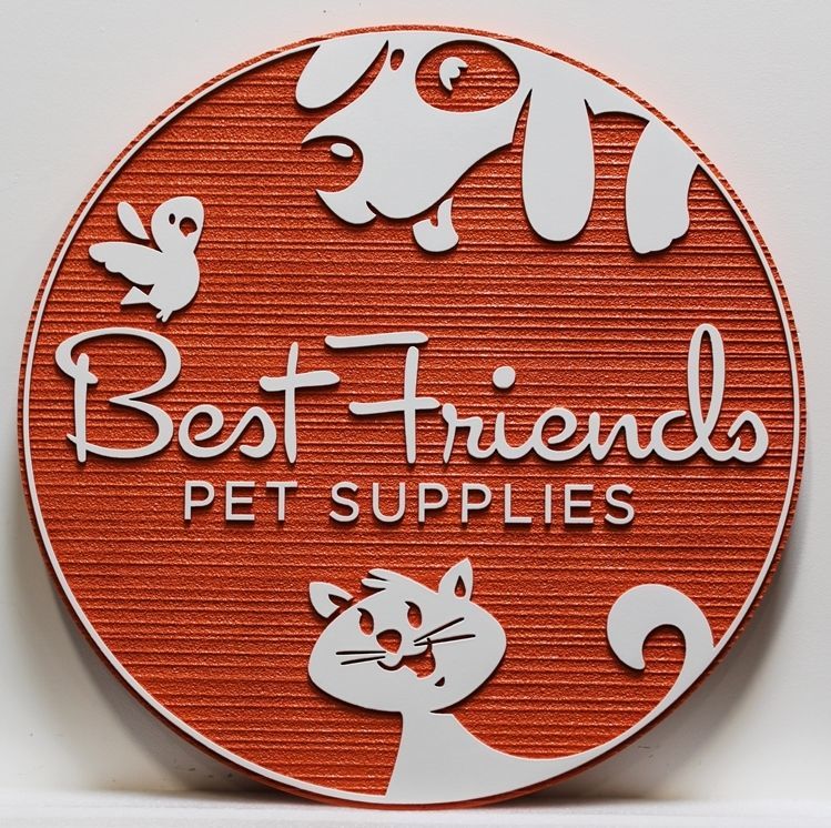 BB11742 - Carved and Sandblasted Wood Grain Round  Sign for the Best Friends Pet Supply Store, with Stylized Drawings of a Cat, a Dog and a Bird as Artwork
