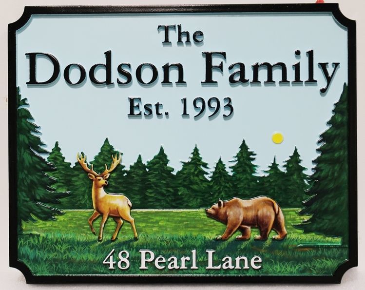 M22603 - Carved 2.5-D HDU Sign "The Dodson Family" , Featuring a  Meadow Scene with a Grizzly Bear Chasing an Elk as Artwork