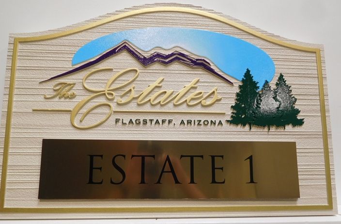 K20103 - Carve 2.5D and Sandblasted  Property Sign for "The Estates". with Mountain and Tree Artwork and an Engraved Brass Plate 