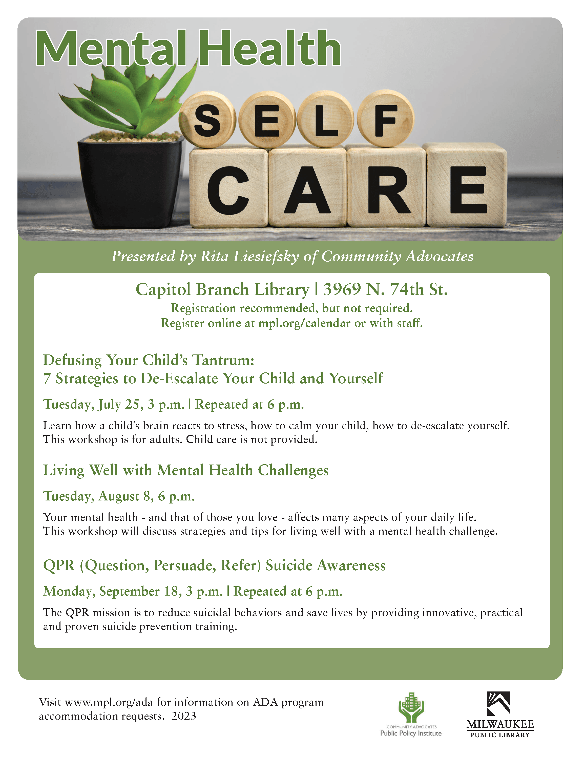 mental health self care sessions at MPL Capitol Branch