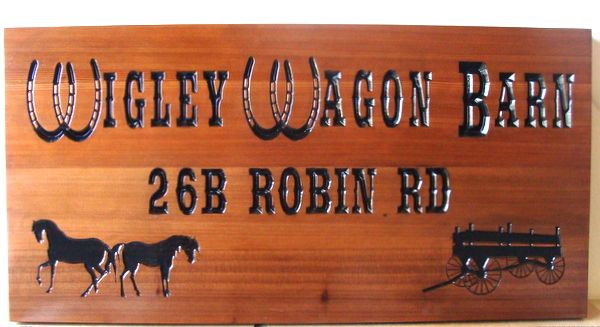 O24318 - Carved Cedar Wooden Address Sign for "Wigley Wagon Barn", with Horses and Wagon 