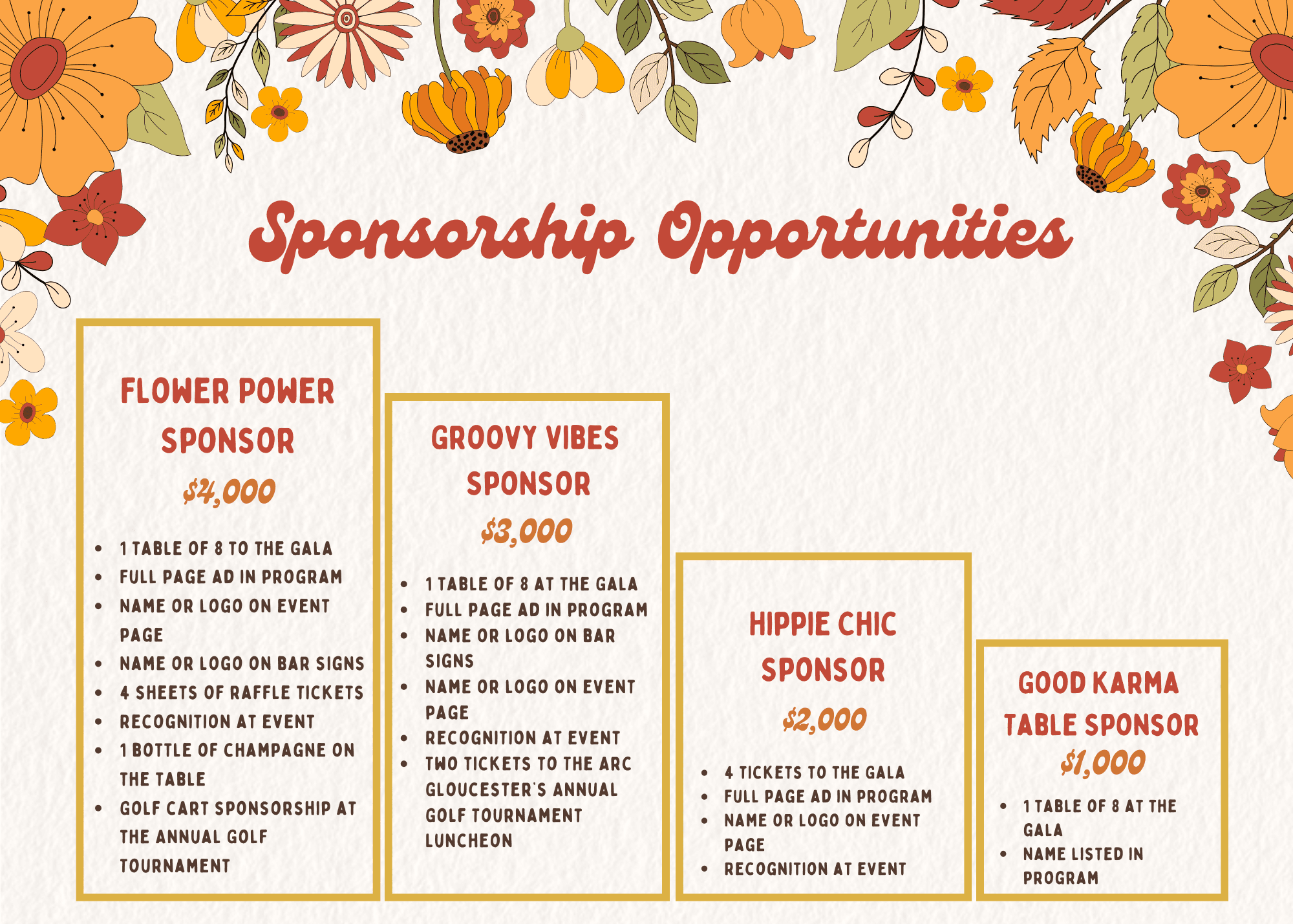 Image Reading: Sponsorship Opportunities. Tiers Include: Good Karma Sponsor ($1,000), Hippie Chic Sponsor ($2,000), Groovy Vibes Sponsor ($3,000), and Flower Power Sponsor ($4,000). For more information, please reach out to Marcie Hahn at 856-848-8648.