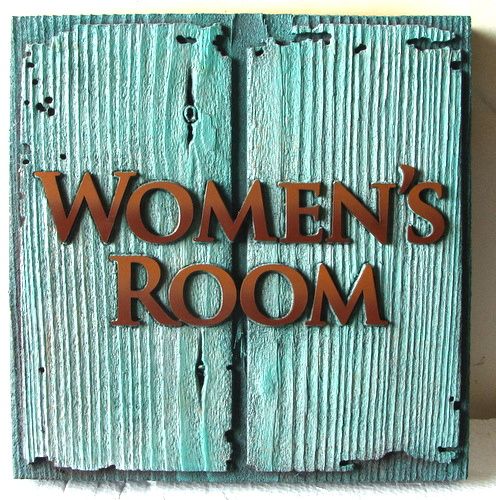 L22332 - Women's Room Sign for Seafood Restaurant, with Rust-Colored Letters on Rustic Verdi Signboard