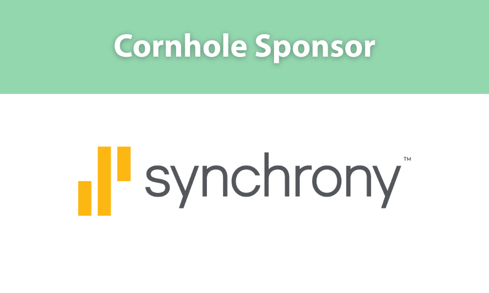green background with the words "cornhhole sponsor" and the synchrony logo underneath