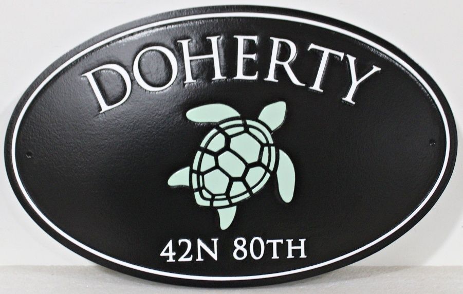 L21670A - Carved Engraved HDU Coastal Residence Name and Address Sign with Swimming Sea Turtle as Artwork