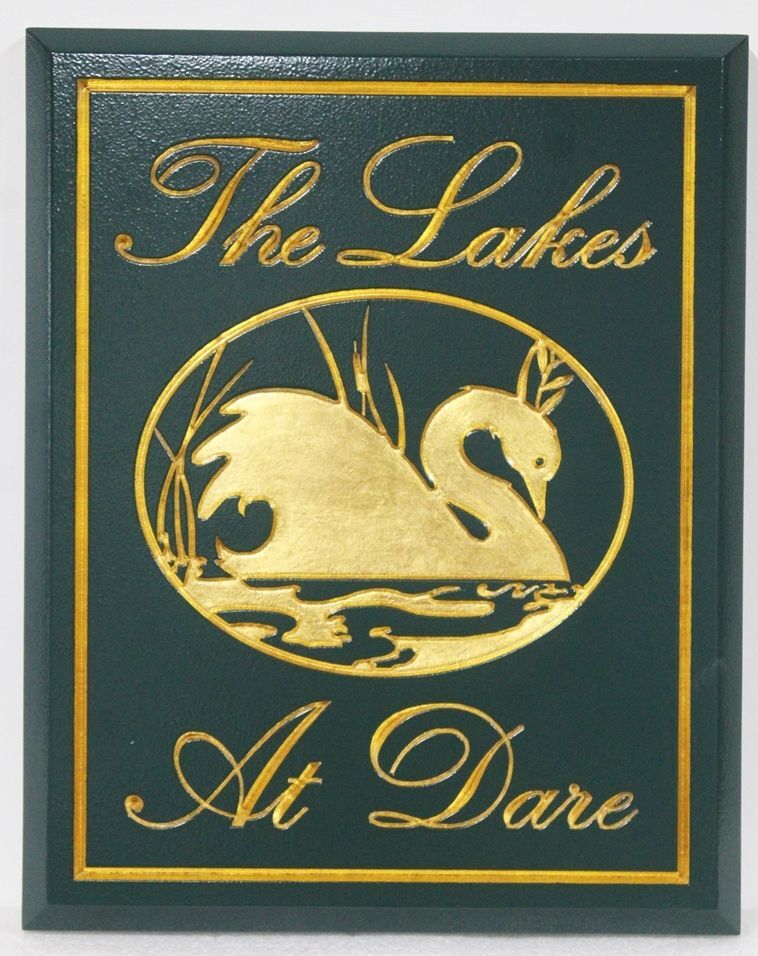 K20076 - Elegant Engraved Entrance sSgn for the  "The Lakes at Dare", Gilded with 24K Gold Leaf