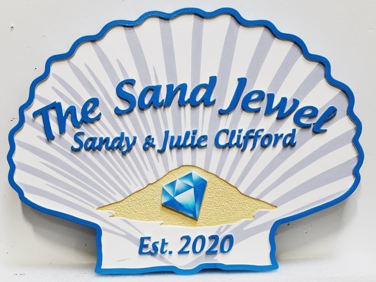 L21544 - Carved2.5-D Multi-level Relief HDU Beach House Name Sign "The Sand Jewel", with a Sea Shell and Diamond as Artwork