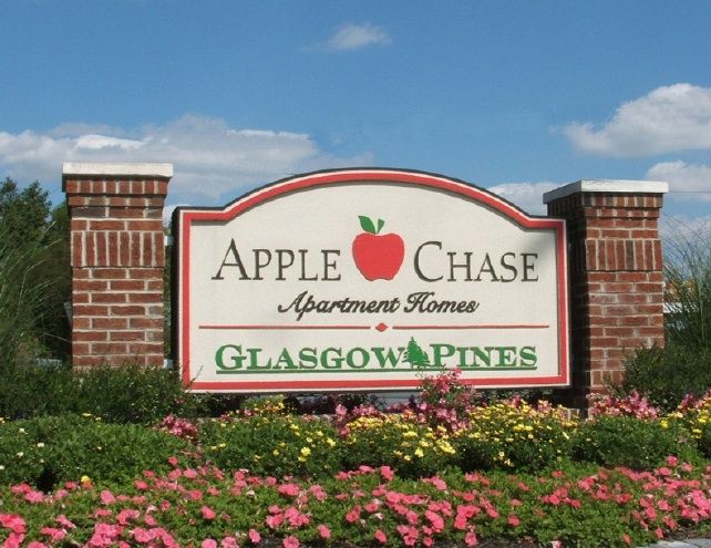K20028  - EPS Monument Sign for Apartment Homes, Real Brick Sign Pillars, Carved Apple 