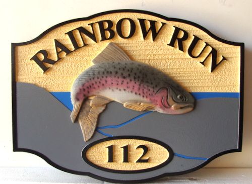 M22560 - Carved Wood Cabin Sign with 3-D Carved Rainbow Trout