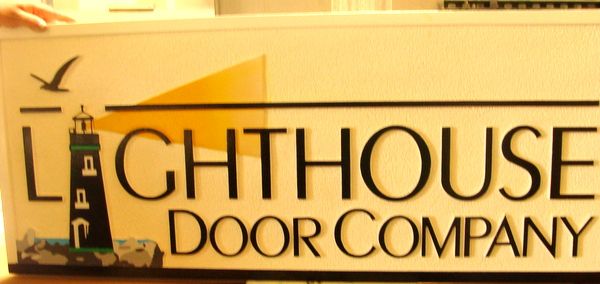 SA28762 - Carved Sign for "Lighthouse Door Company"  with Lighthouse and Seagull as Artwork