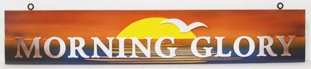 L21229A - Carved and Sandblasted Property Sign for "Morning Glory" with Setting Sun and Seagull Artwork