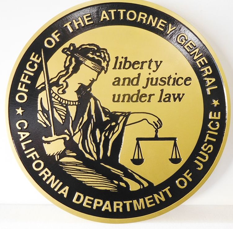 GP-1420 - Carved Plaque of the Seal of the Office of Attorney General, California, Artist Painted 