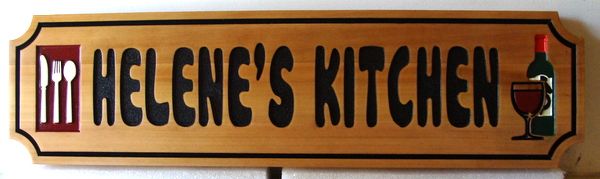 JG914 - Engraved Cedar Wall Plaque "Helene's Kitchen", with Utensils and Wine 