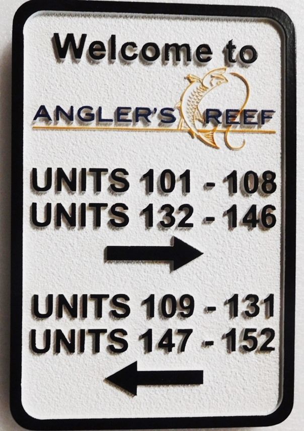 KA20847- Custom Carved  Directional Unit Number Building Sign for the Angler's Reef Apartments 