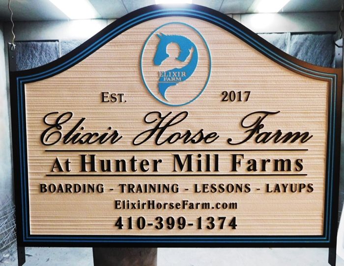 P25209 - Carved and Sandblasted  Entrance Sign for the "Elixir Horse Farm"  with  a 2.5-D  Stylized Horse Head as Artwork