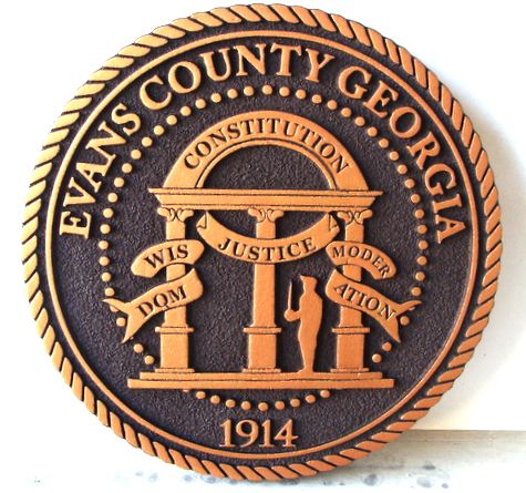 CP-1200 -  Carved Plaque of the Seal of Evans County, Georgia,  Artist Painted Bronze Metallic