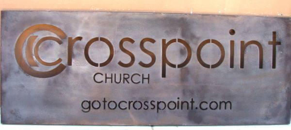 M7996 - Antiqued & "Rusted" Aluminum Metal Church Sign, "Cross-Point"