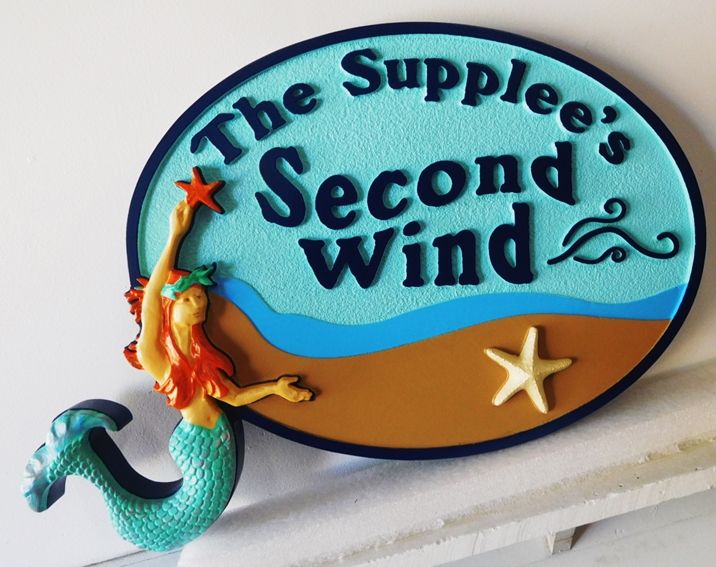 L21905 – Carved 3D HDU Property Name Sign "Second Wind" for Seashore Residence,  with Mermaid