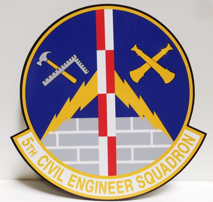LP-7210 - Carved Plaque of the Crest of the 5th Civil Engineering Squadron, Artist Painted with Tools, Lightening and Wall