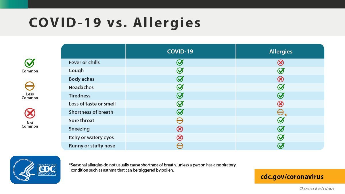 This is a graphic highlighting the difference between COVID and allergies
