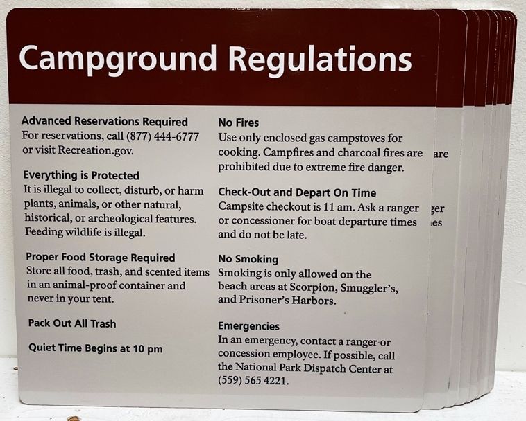 M8110 - Aluminum Sign  for  Channel Islands National Park, for Campground Regulations