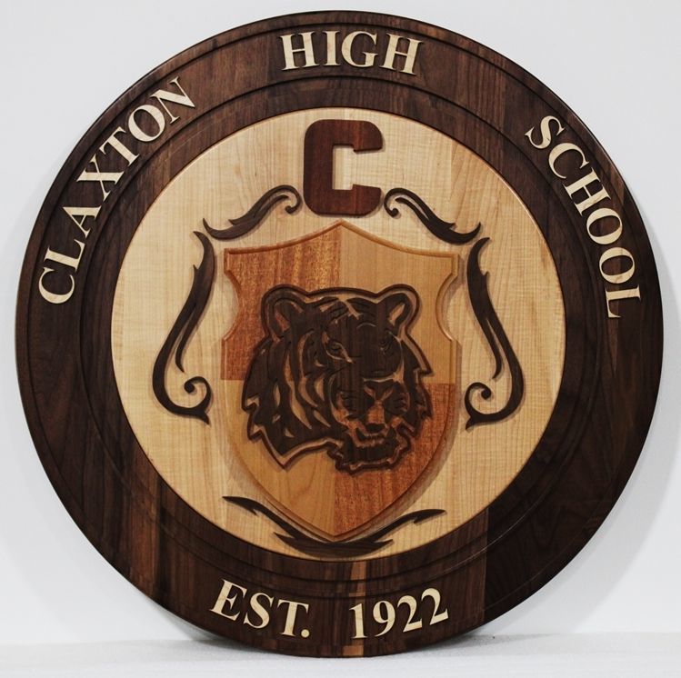 TP-1092- Carved 2.5-D Multi-Level Cedar Wood Plaque of the Seal of Claxton High School 
