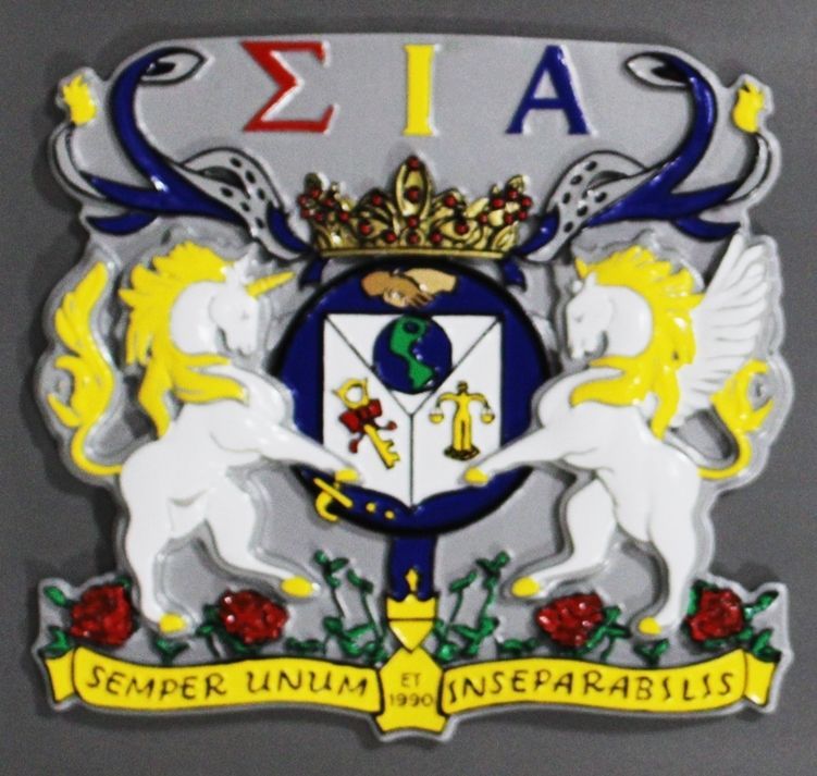XP-3531 - Carved 2.5-D HDU Plaque of the Coat-of-Arms for Signa Iota Alpha Fraternity with a Shield and Two Rampant Horses 