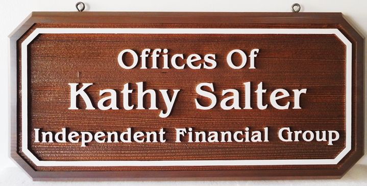 C12092 - Rustic-looking Carved Hanging Sign for a Financial Group, 2.5-D Relief with Raised Text and Border and Sandblasted Wood Grain Background