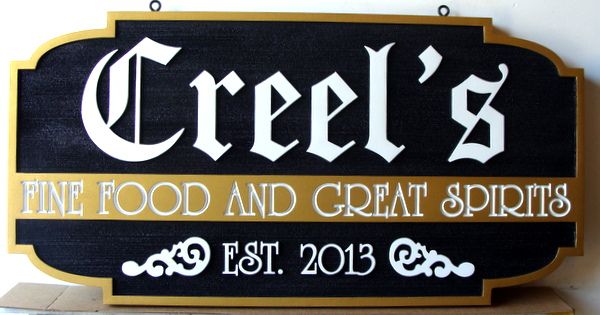 Q25018 - Carved HDU Restaurant Sign for "Fine Foods and Great Spirits"