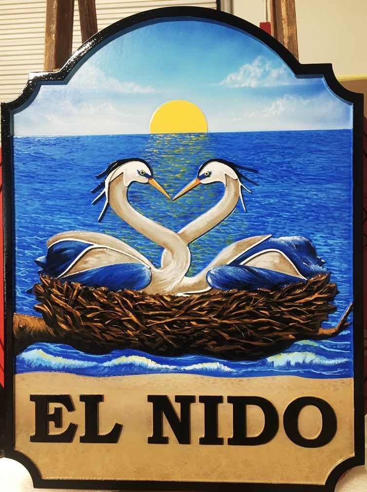 L21601A -  Carved 2.5-D Multi-level Raised Relief HDU  Sign "El Nido" (the Nest) , with Two Nesting Birds, a  Beach and the Sun Setting over the Ocean as Artwork 