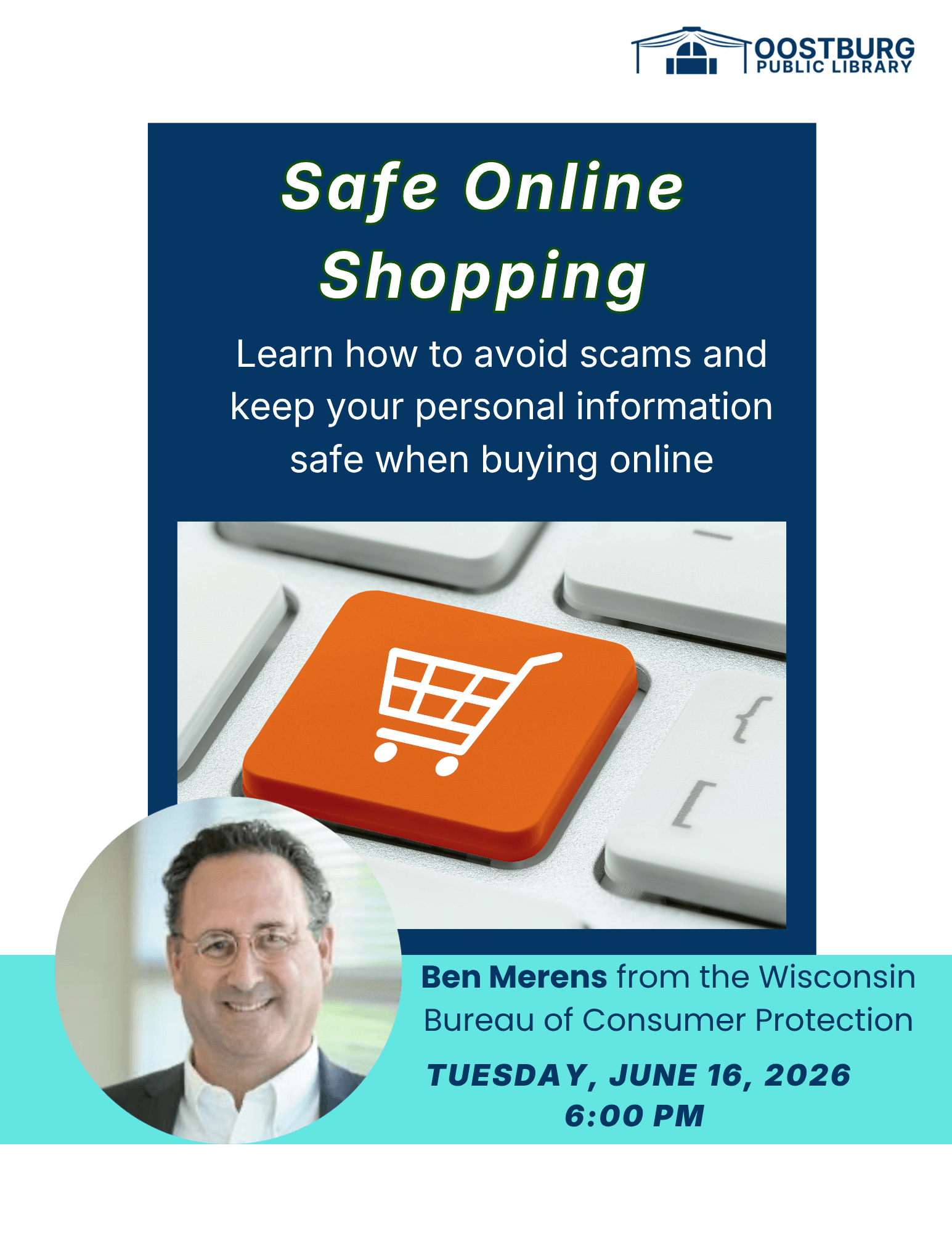Image of a shopping cart icon on a keyboard and the headshot of the presenter