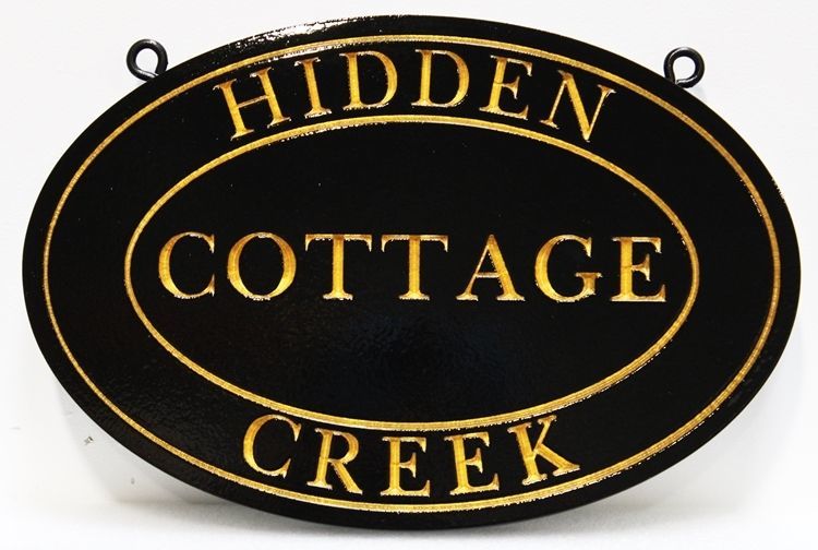 M22008 - Engraved  Residence Name  Sign "Hidden Creek Cottage", with 24K Gold Leaf Gilded Text and Borders