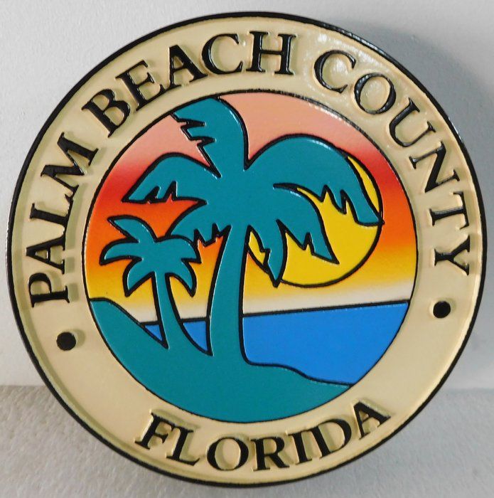CP-1420 - Carved Plaque of the Seal of Palm Beach County, Florida, Artist Painted